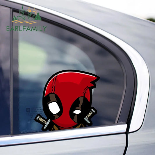 EARLFAMILY CUTE DEADPOOL PEEKING Car Sticker Chibi Big Head Cartoon Decal JDM Rear Glass Window Toolbox Graffiti Car Decoration