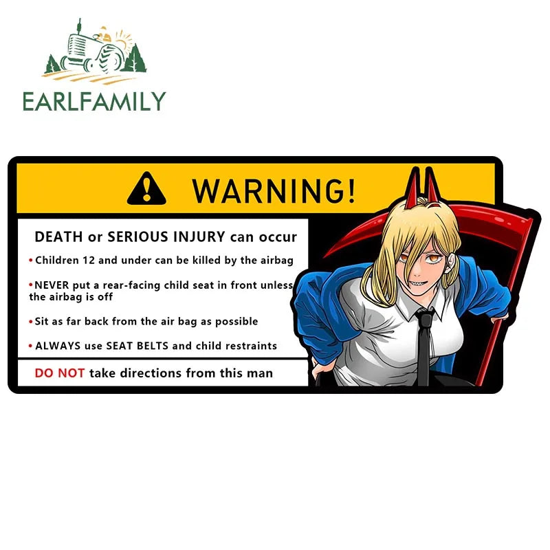 EARLFAMILY Makima Power Car Sticker Warning Decal Cartoon Denji Anime Pochita Vinyl JDM Window Trunk Bumper Sticker