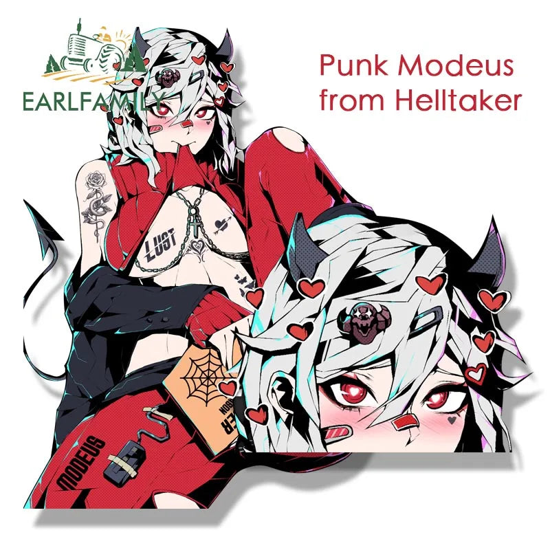 EARLFAMILY Punk Modeus From Helltaker Peeker Car Sticker Cartoon Streetwear Decal Waifu Fanart JDM Peek Stickers Car Accessories