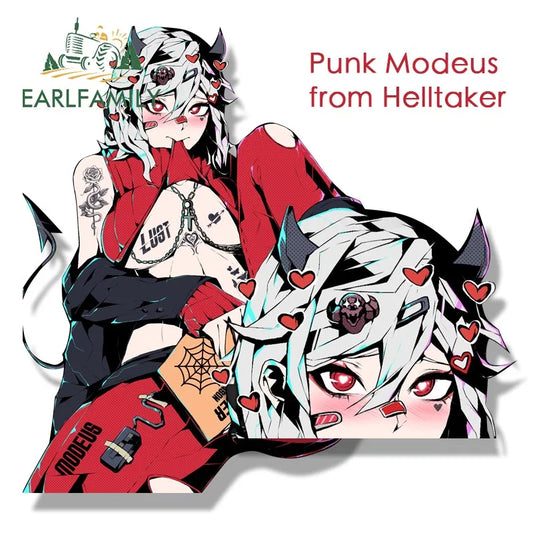 EARLFAMILY Punk Modeus From Helltaker Peeker Car Sticker Cartoon Streetwear Decal Waifu Fanart JDM Peek Stickers Car Accessories