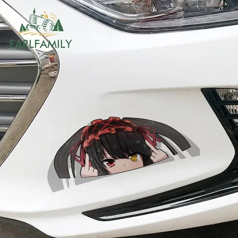 EARLFAMILY Cartoon Car Sticker for Kurumi Tokisaki Peeker Big Head Anime Vinyl Window Trunk Stickers Car Accessories