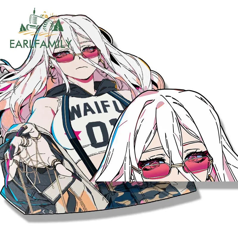 EARLFAMILY Gothic Punk Girl Peek Car Sticker Cartoon Anime Waifu Sketch Fanart Decal JDM Funny Peeker Stickers Car Graphics