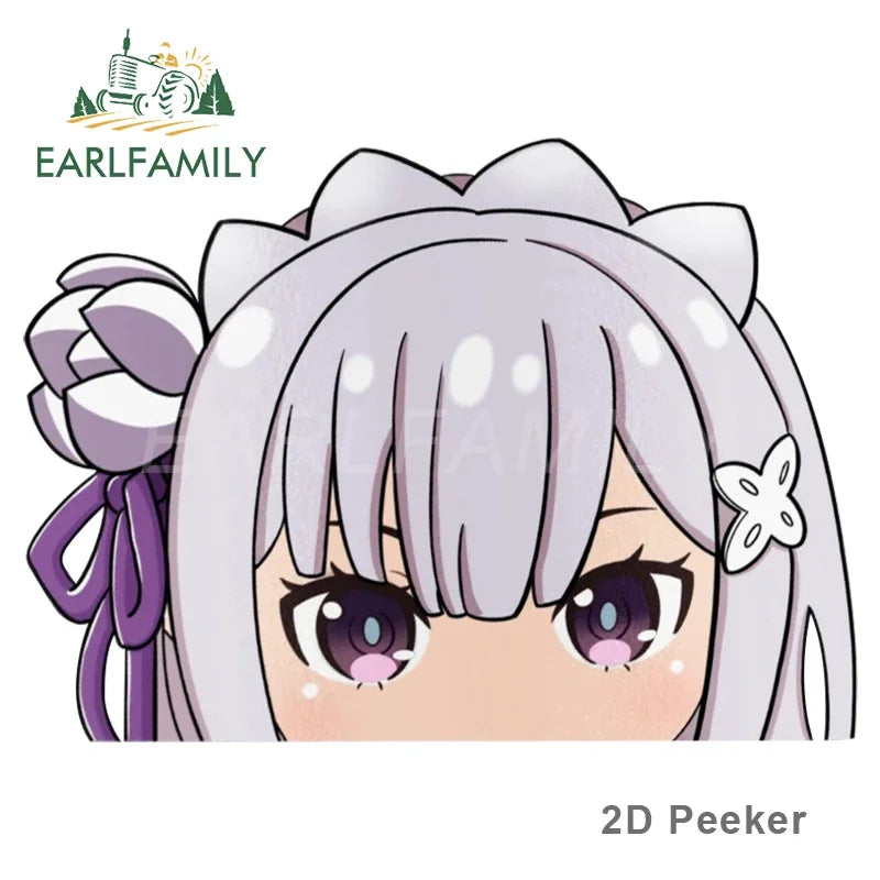 EARLFAMILY Cartoon Car Sticker for Emilia Peeker Big Head Anime Vinyl JDM Window Trunk Laptop Wall Decal Car Accessories