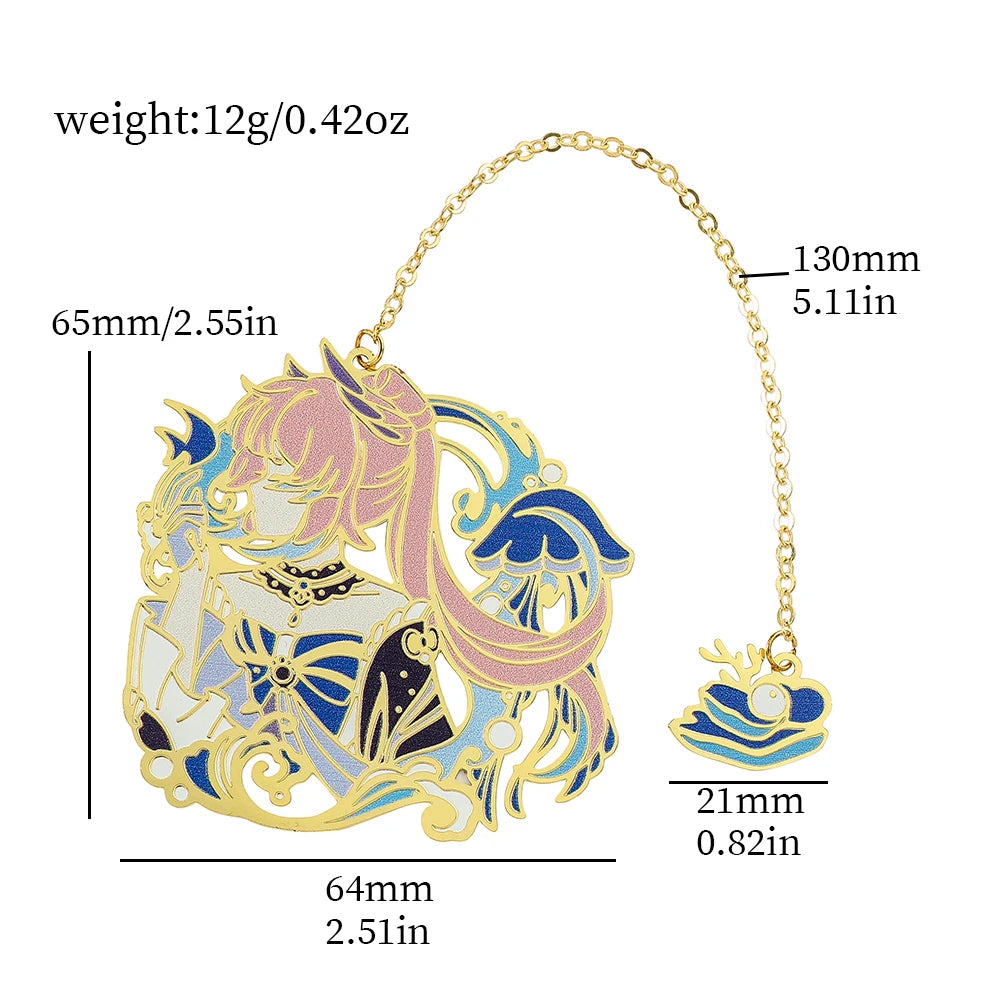 Genshin Impact Metal Bookmarks – Elegant Hollow-Out Chain Pendant, Collectible Souvenir Gift