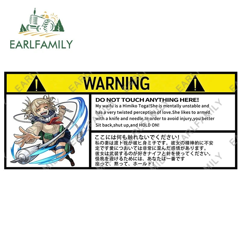 EARLFAMILY 13cm x 7.5cm Himiko Toga Warning Slap Stickers Anime Vinyl Car Sticker Window Decal Car Accessories