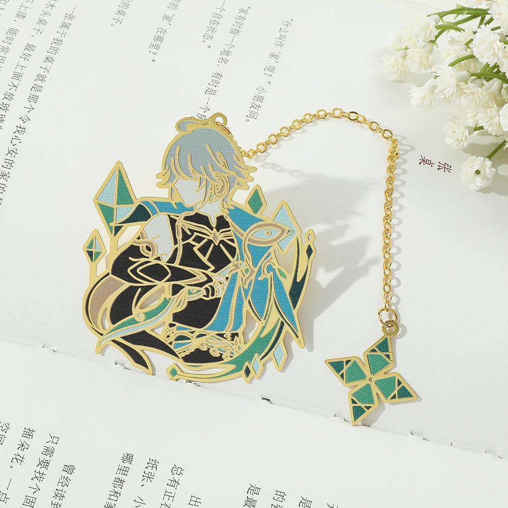 Genshin Impact Metal Bookmarks – Elegant Hollow-Out Chain Pendant, Collectible Souvenir Gift
