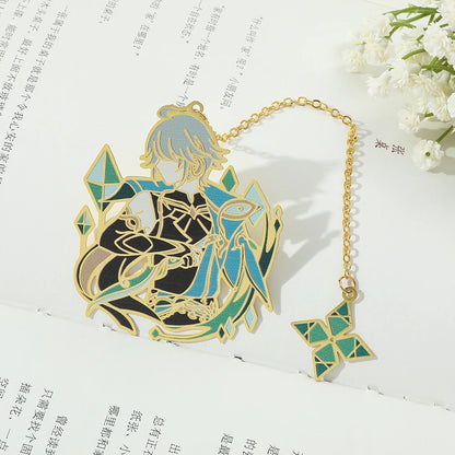Genshin Impact Metal Bookmarks – Elegant Hollow-Out Chain Pendant, Collectible Souvenir Gift