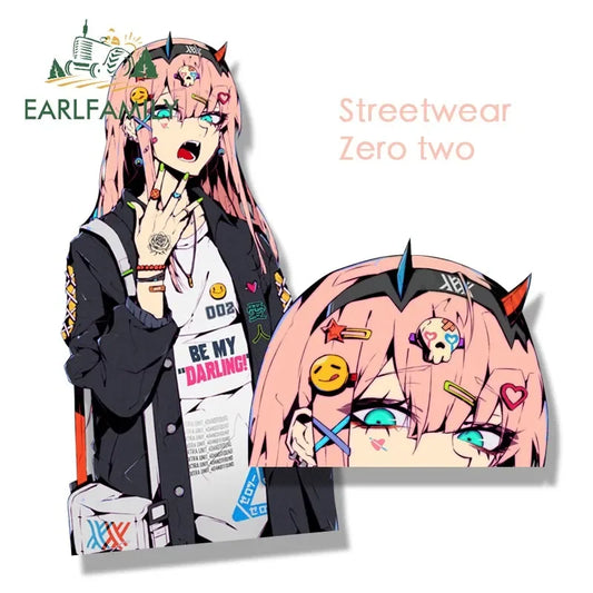 EARLFAMILY Streetwear Zero Two Fanart Peeker Car Sticker Cartoon Anime Waifu Decal JDM Cartoon Graffiti Peek Girl Stickers