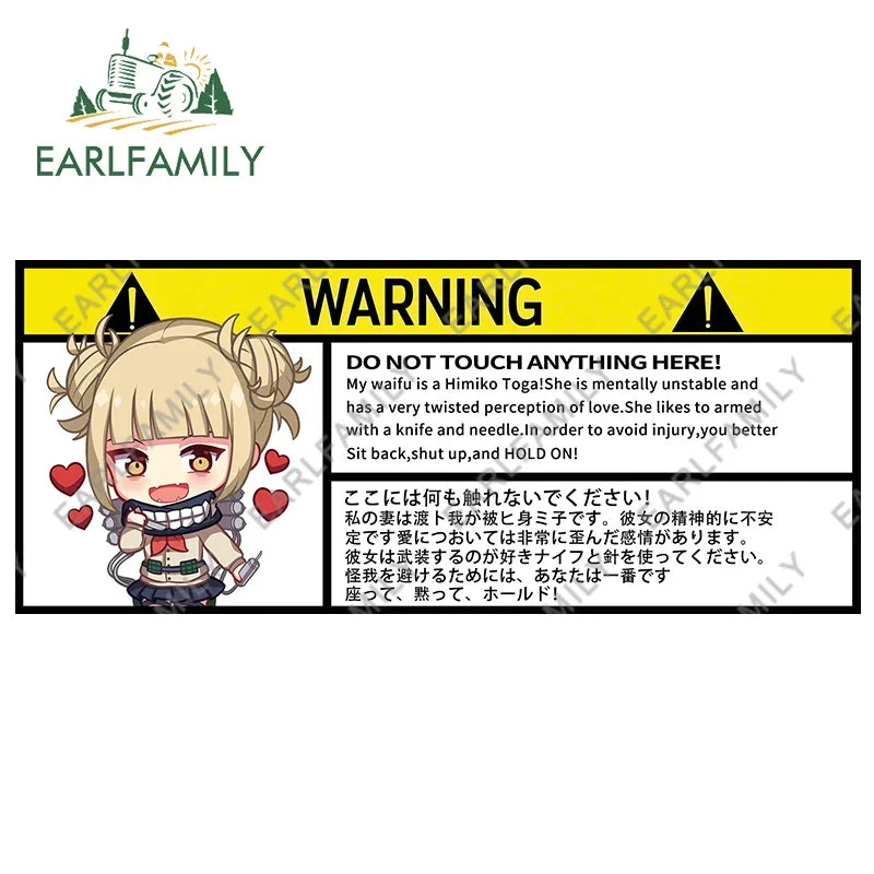 EARLFAMILY 13cm x 7.5cm Himiko Toga Warning Slap Stickers Anime Vinyl Car Sticker Window Decal Car Accessories