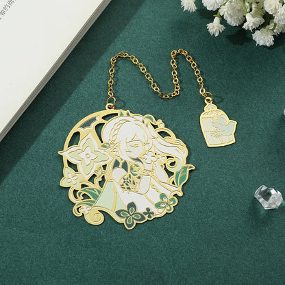 Genshin Impact Metal Bookmarks – Elegant Hollow-Out Chain Pendant, Collectible Souvenir Gift