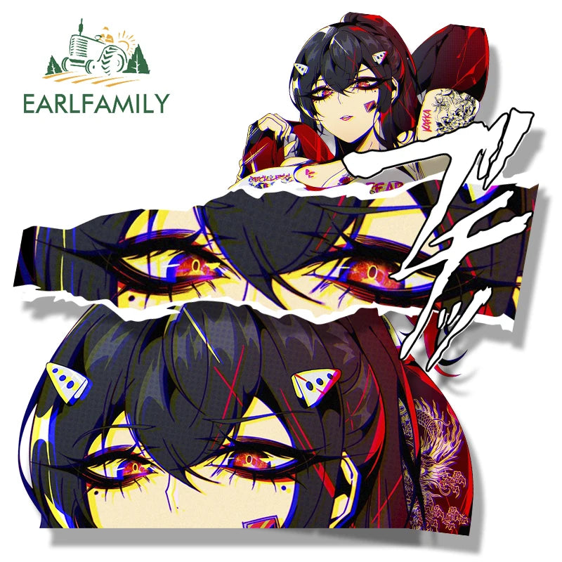 EARLFAMILY Gyaru Ashiro Mina Fanart Car Sticker Tattoo Girl Chibi Big Head Waifu Fear Less Decal JDM Cartoon Peeker Slap Sticker