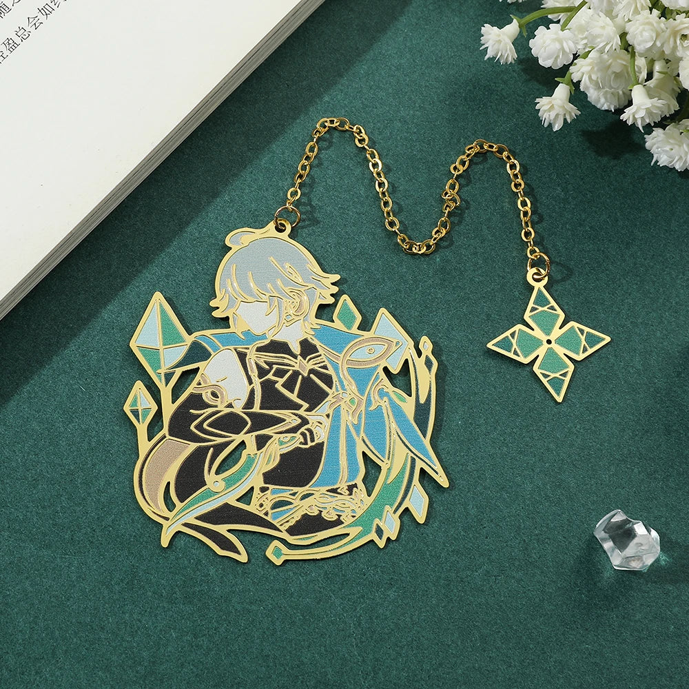 Genshin Impact Metal Bookmarks – Elegant Hollow-Out Chain Pendant, Collectible Souvenir Gift