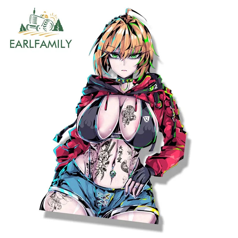EARLFAMILY Ahegao Saber Artoria Pendragon Fanart Car Sticker Street Queen Sketch Waifu Decal Cartoon Tattoo Peeker Girl Stickers