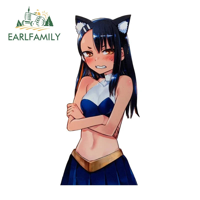 EARLFAMILY Nagatoro Hayase Cosplay Car Sticker Miss Nagatoro Sexy Uniform Decal Rear Windshield Trunk Motorcycle Helmet Stickers