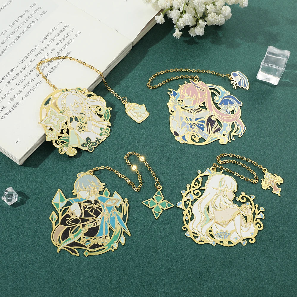 Genshin Impact Metal Bookmarks – Elegant Hollow-Out Chain Pendant, Collectible Souvenir Gift