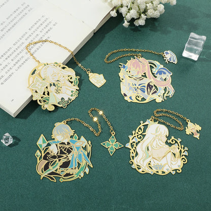 Genshin Impact Metal Bookmarks – Elegant Hollow-Out Chain Pendant, Collectible Souvenir Gift