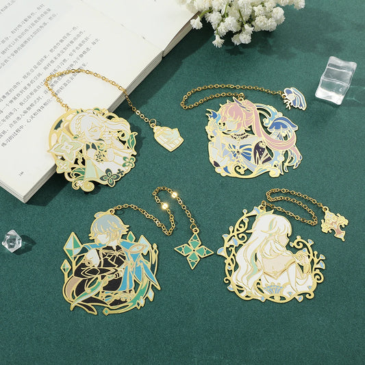 Genshin Impact Metal Bookmarks – Elegant Hollow-Out Chain Pendant, Collectible Souvenir Gift