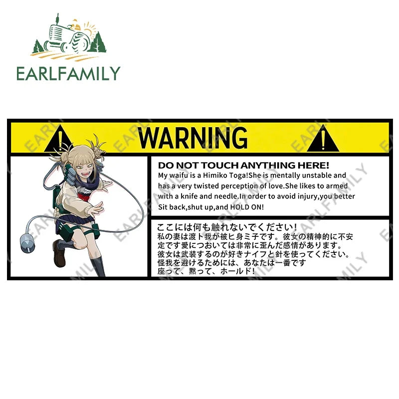 EARLFAMILY 13cm x 7.5cm Himiko Toga Warning Slap Stickers Anime Vinyl Car Sticker Window Decal Car Accessories