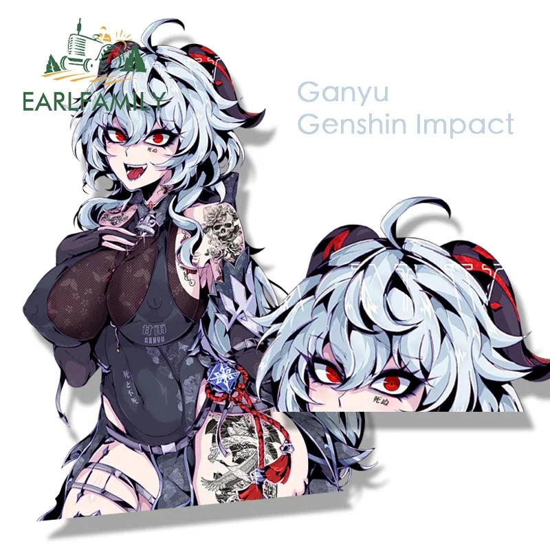EARLFAMILY Gothic Tattoo Ganyu Fanart Car Sticker Anime Genshin Impact Sketch Waifu Decal JDM Cartoon Peek Girl Graffiti Sticker