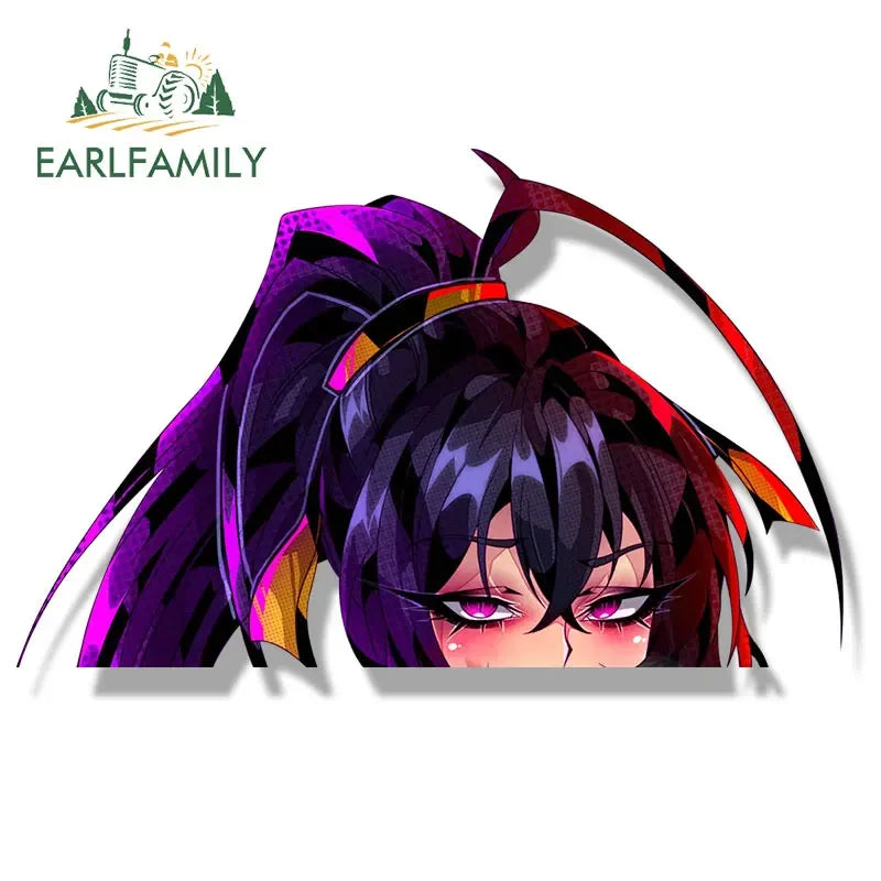 EARLFAMILY Ahegao Akeno Himejima Fanart Car Sticker Cartoon Anime Sketch Waifu Decal JDM Gyaru Girl Peeker Stickers Car Wrap