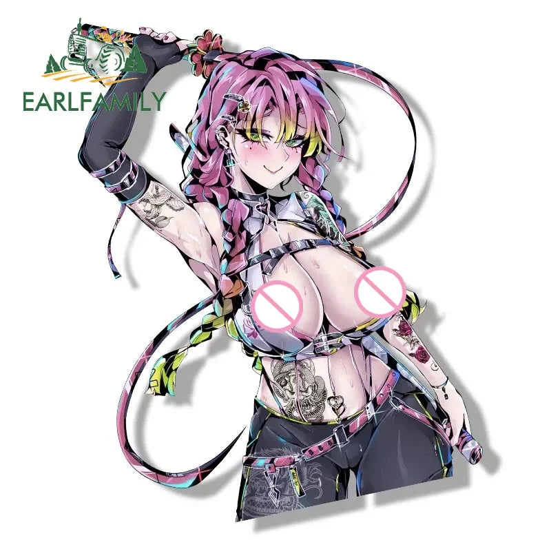EARLFAMILY Gothic Kanroji Mitsuri Fanart Car Sticker Anime Waifu Peeker Decal JDM Ahegao Girl Graffiti Stickers