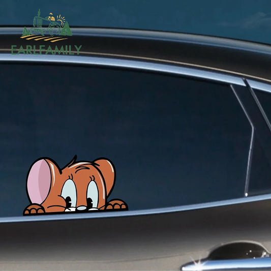 EARLFAMILY Funny Mouse PEEKING Car Sticker Chibi Big Head JERRY Decal Rear Glass Window Toolbox Graffiti Rat Car Decoration