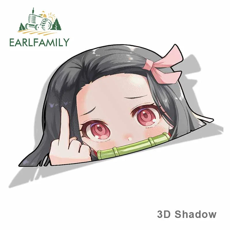 EARLFAMILY Cartoon Car Sticker for Nezuko Kamado Peeker Big Head Anime Vinyl JDM Rear Windshield Trunk Stickers