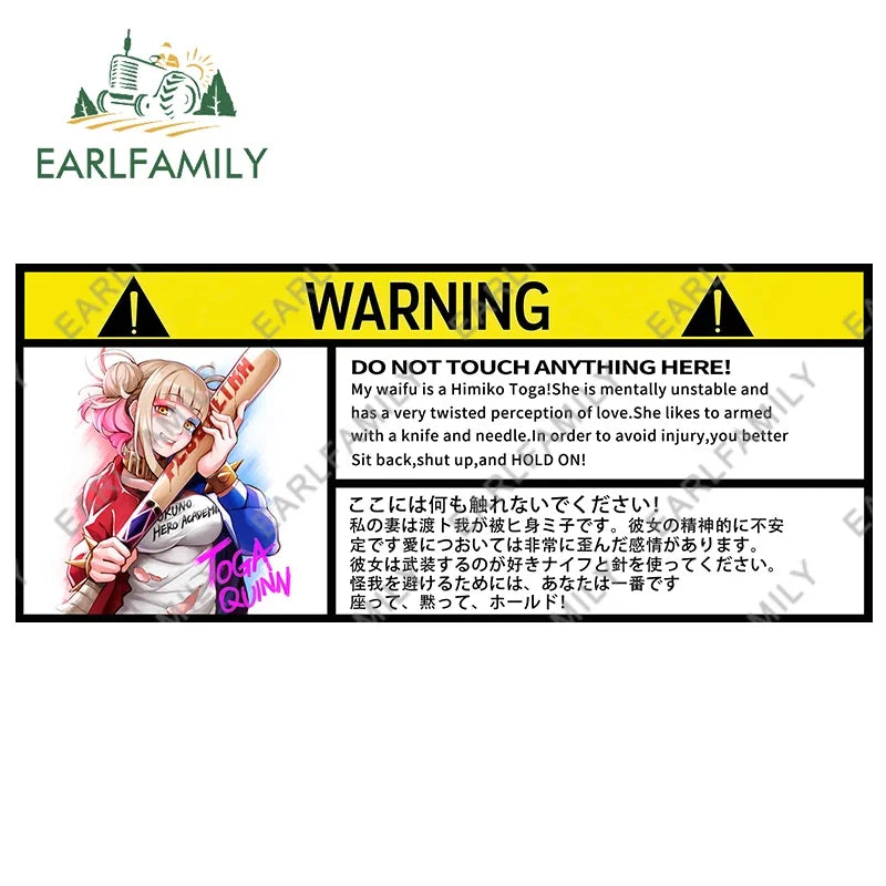 EARLFAMILY 13cm x 7.5cm Himiko Toga Warning Slap Stickers Anime Vinyl Car Sticker Window Decal Car Accessories