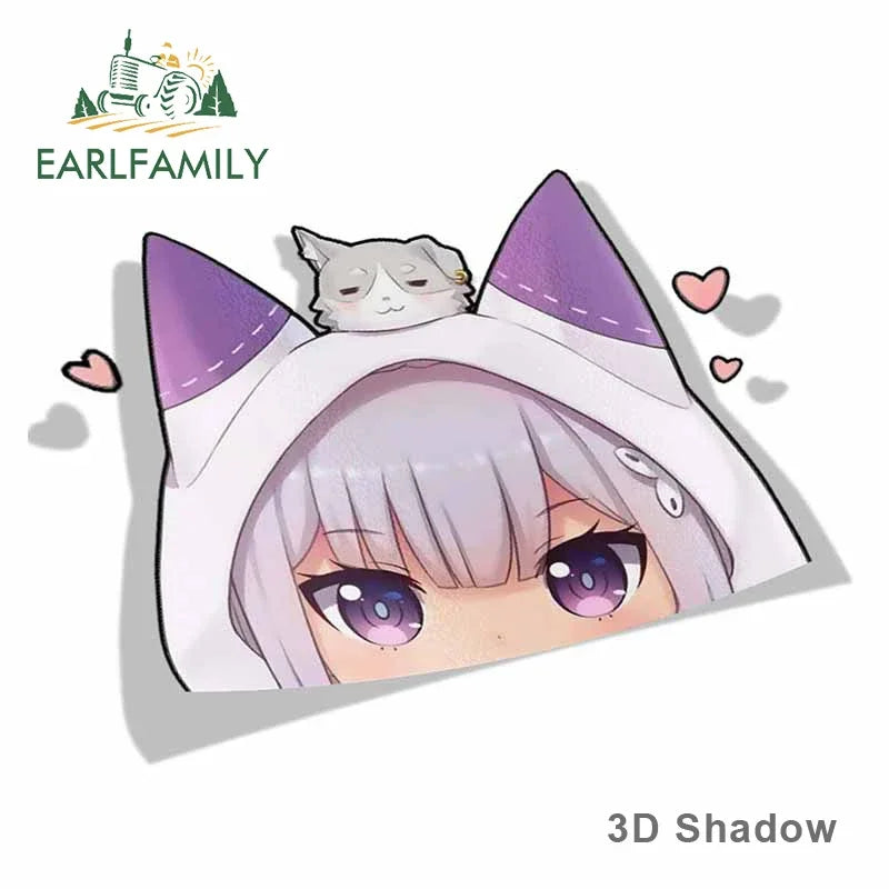 EARLFAMILY Cartoon Car Sticker for Emilia Peeker Big Head Anime Vinyl JDM Window Trunk Laptop Wall Decal Car Accessories