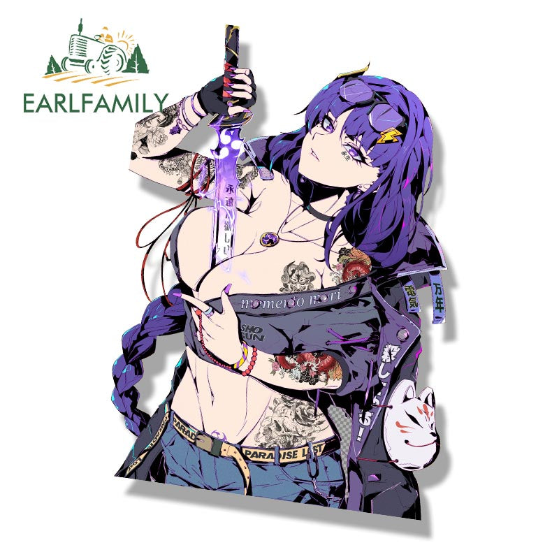 EARLFAMILY Raiden Shogun of The Street Tattoo Car Sticker Anime Genshin Impact Fanart Peek Decal JDM Cartoon Waifu Stickers