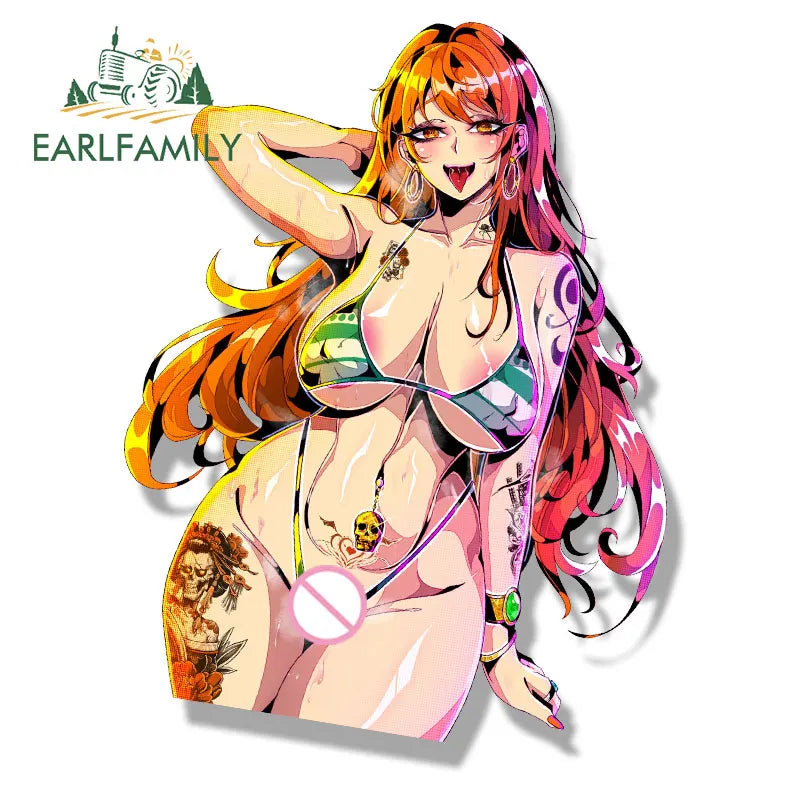 EARLFAMILY Bikini Nami Fanart Car Sticker Anime Pirate King Tattoo Girl Decal JDM Cartoon Peeker Graffiti Sexy NSFW Stickers