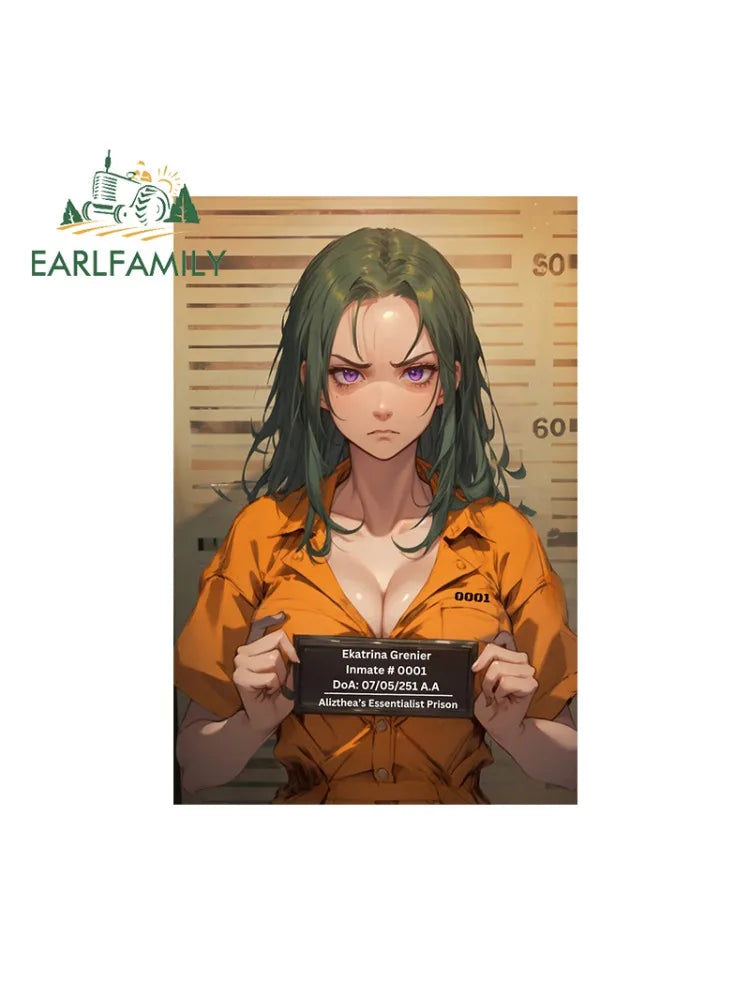 EARLFAMILY 13cm x 8.6cm Female Prisoner Car Sticker Anime Inmate #0001 Alizthea's Essentialist Prison Decal Funny Car Styling