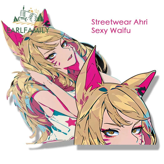 EARLFAMILY Streetwear Ahri Peek Fanart Car Sticker Cartoon Anime Sketch Waifu Decal JDM Gothic Peeker Girl Stickers Car Wrap