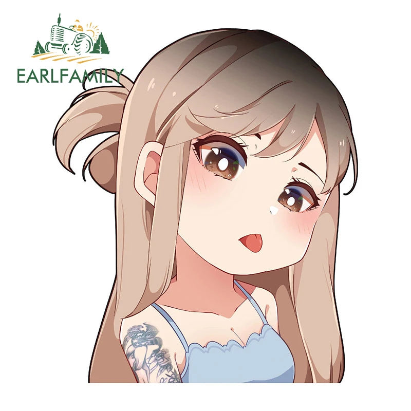 EARLFAMILY 13cm x 10cm Chibi Big Head Girl Car Sticker JDM Original Art Cartoon Decal Vinyl Peek Girl Graffiti Stickers Car Warp
