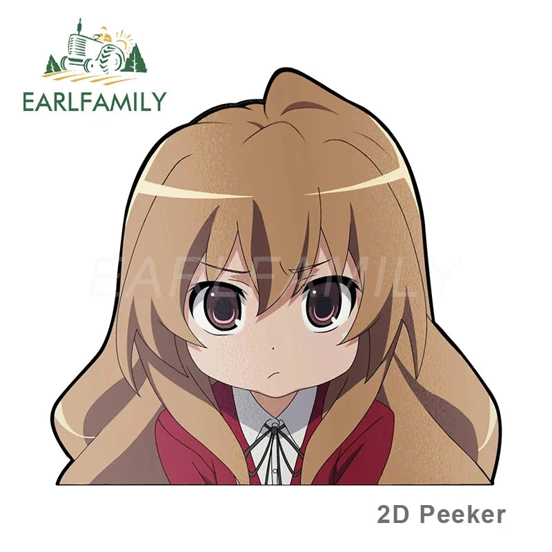 EARLFAMILY Car Sticker for Taiga Aisaka Peeker Big Head Anime Vinyl Rear Windshield Trunk Stickers Car Accessories