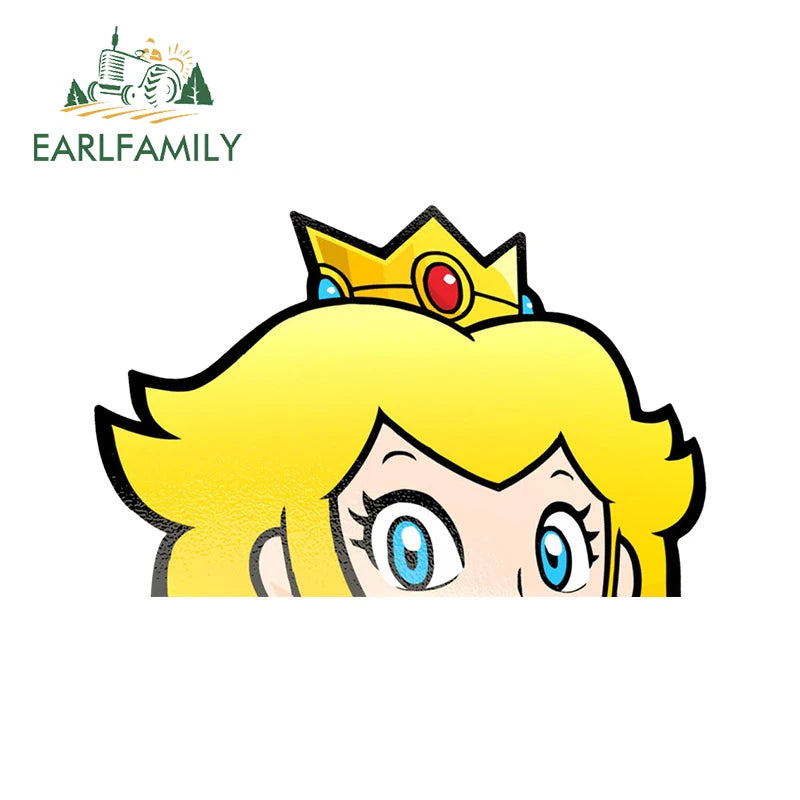 EARLFAMILY 13cm x 9.7cm Cartoon Princess Peach Peeker Car Sticker Chibi Big Head Flower Princess Decal JDM Car Window Decoration