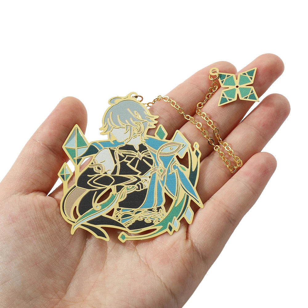 Genshin Impact Metal Bookmarks – Elegant Hollow-Out Chain Pendant, Collectible Souvenir Gift