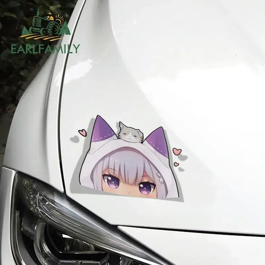 EARLFAMILY Cartoon Car Sticker for Emilia Peeker Big Head Anime Vinyl JDM Window Trunk Laptop Wall Decal Car Accessories
