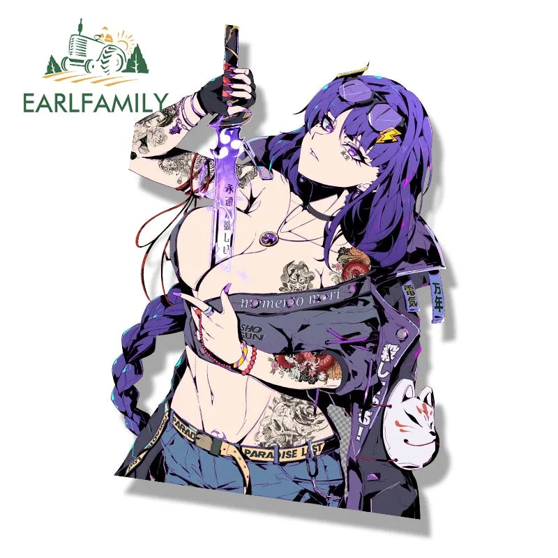 EARLFAMILY Raiden Shogun of The Street Tattoo Car Sticker Anime Genshin Impact Fanart Peek Decal JDM Cartoon Waifu Stickers