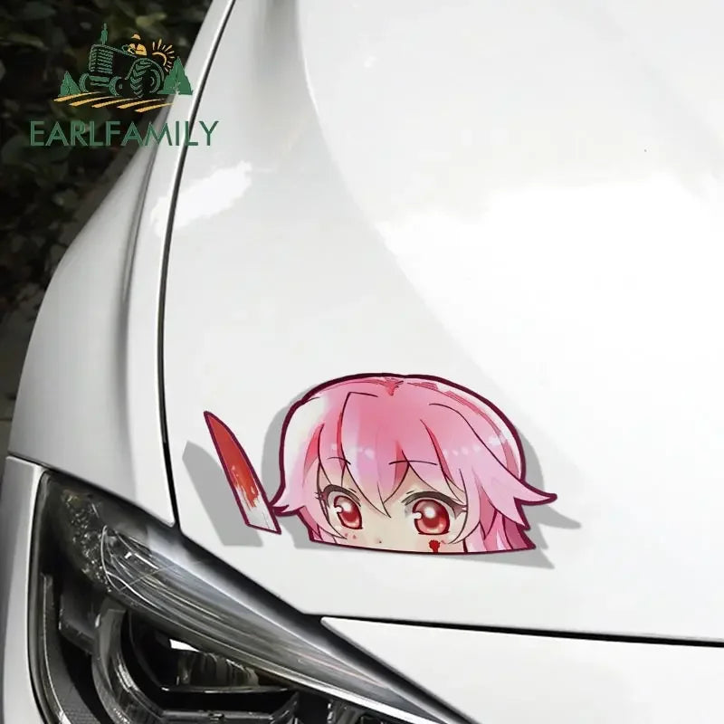 EARLFAMILY Yuno Gasai Peeker Car Sticker Anime Big Head Vinyl Rear Windshield Trunk Decal Car Accessories