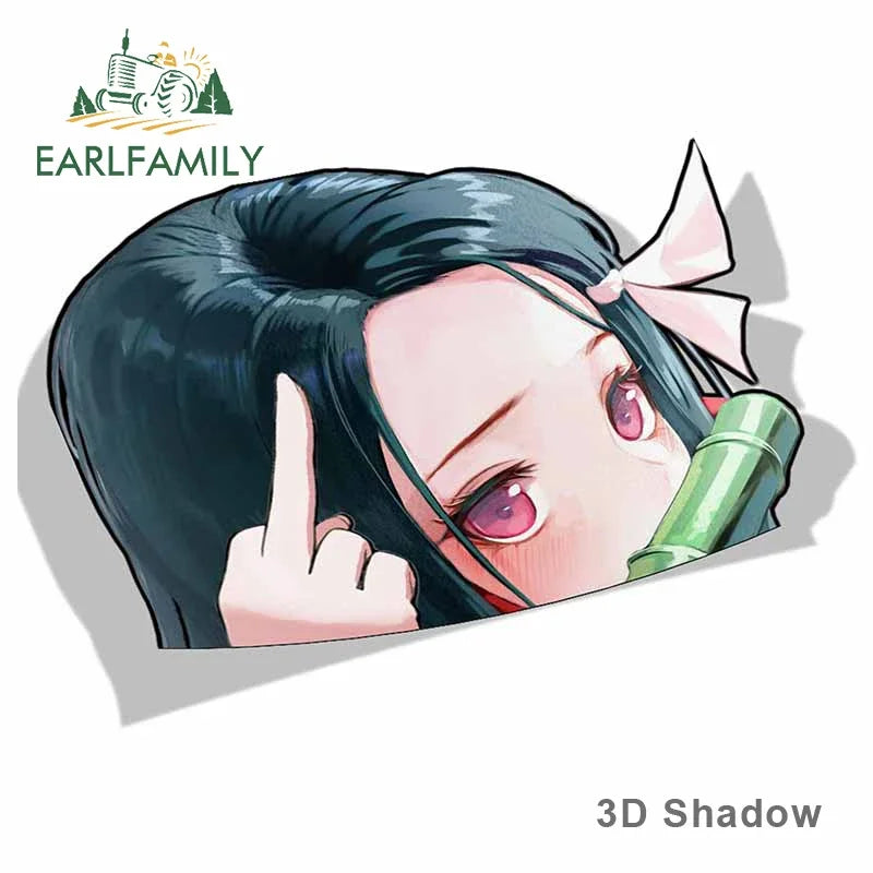 EARLFAMILY Cartoon Car Sticker for Nezuko Kamado Peeker Big Head Anime Vinyl JDM Rear Windshield Trunk Stickers