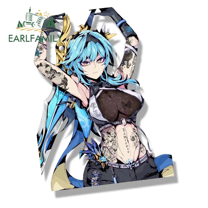 EARLFAMILY Street Punk Eula Fanart Car Sticker Anime Genshin Impact Sketch Waifu Decal JDM Cartoon Peeker Girl Stickers Car Wrap