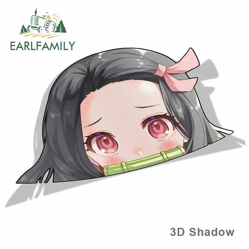 EARLFAMILY Cartoon Car Sticker for Nezuko Kamado Peeker Big Head Anime Vinyl JDM Rear Windshield Trunk Stickers