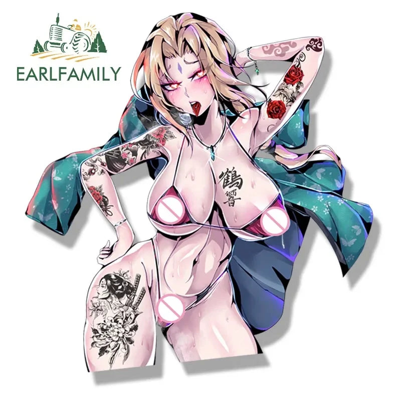 EARLFAMILY Ahegao Tsunade Hokage Fanart Car Sticker Heart Eye Waifu Peeker Sketch Decal JDM Gothic Tattoo Girl Graffiti Stickers