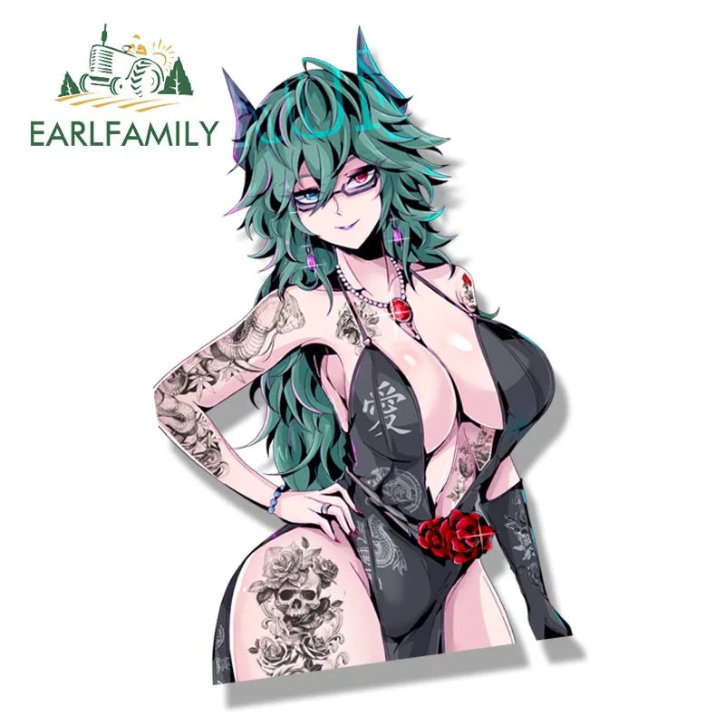 EARLFAMILY Streetwear Tattoos Aruna Car Sticker Anime Sketch Waifu Decal Window Decor JDM Cartoon Peeker Girl Fanart Stickers