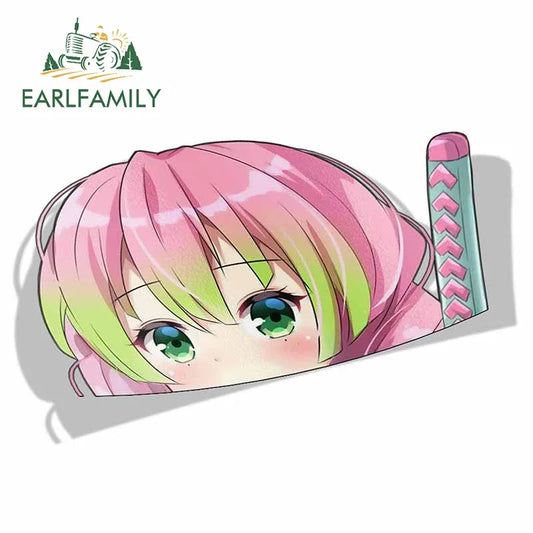 EARLFAMILY 13cm x 8.3cm for Mitsuri Kanroji Peek Anime Big Head Vinyl Cartoon Car Sticker JDM Window Trunk Decal