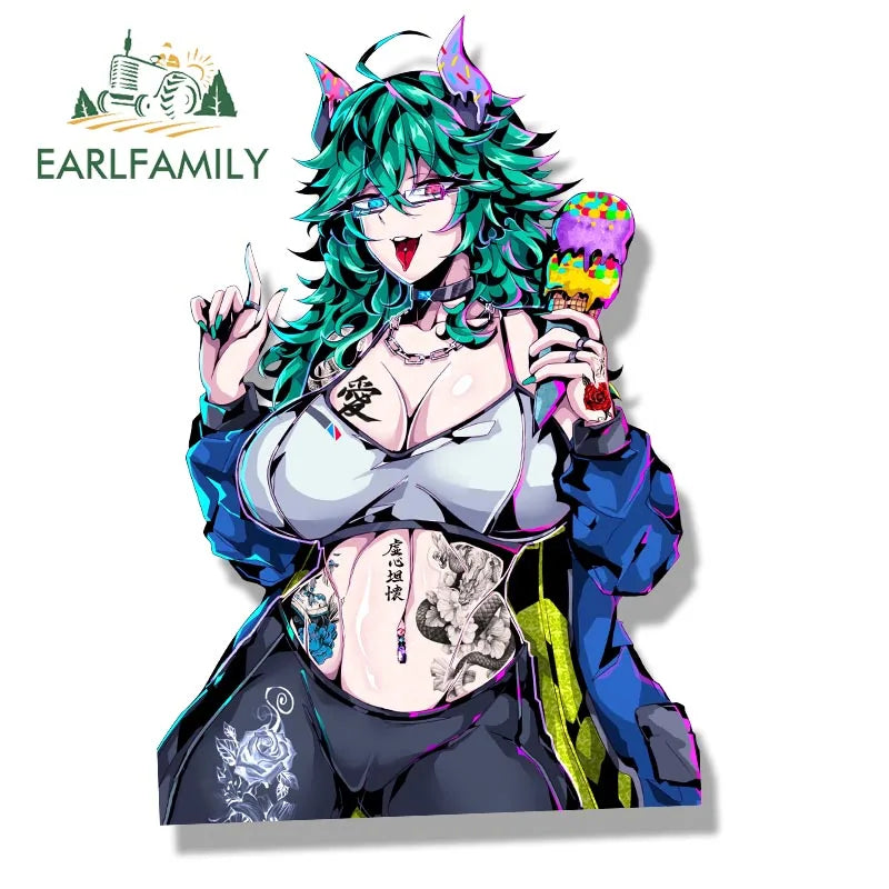 EARLFAMILY Streetwear Tattoos Aruna Car Sticker Anime Sketch Waifu Decal Window Decor JDM Cartoon Peeker Girl Fanart Stickers