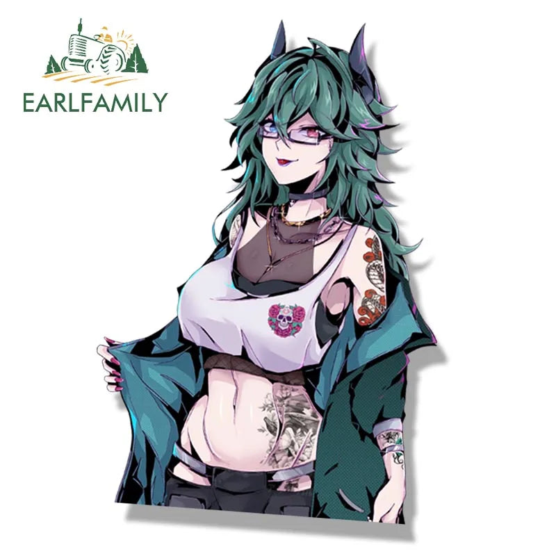 EARLFAMILY Streetwear Tattoos Aruna Car Sticker Anime Sketch Waifu Decal Window Decor JDM Cartoon Peeker Girl Fanart Stickers