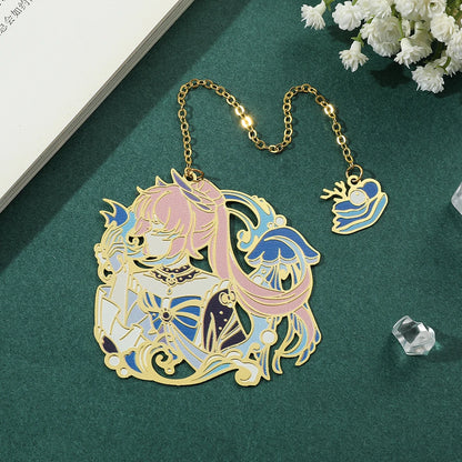 Genshin Impact Metal Bookmarks – Elegant Hollow-Out Chain Pendant, Collectible Souvenir Gift
