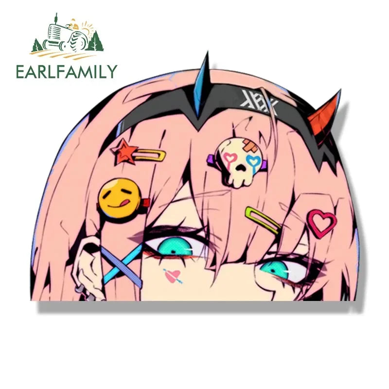 EARLFAMILY Streetwear Zero Two Fanart Peeker Car Sticker Cartoon Anime Waifu Decal JDM Cartoon Graffiti Peek Girl Stickers